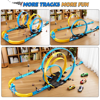 LILYBUDS Toy Car Race Track Set for Boys Kids Age 3-5 4-7, Race Tracks with 4 High-Speed Pull Back Race Cars and Crash Zones, Christmas Halloween Birthdays Gifts Toys for Boys Kids 4-6 8-12 Years Old
