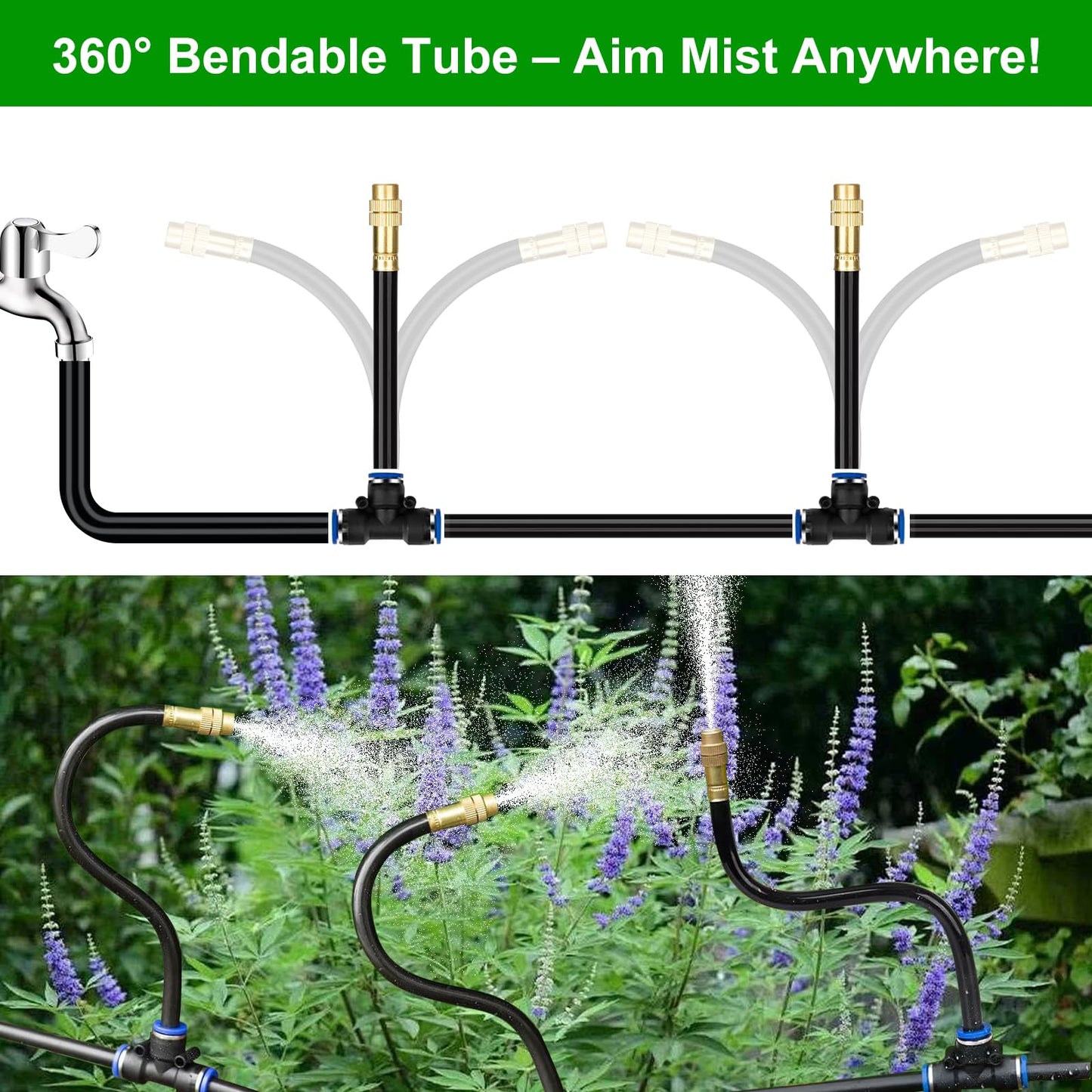 HEKIWAY 60FT Drip Irrigation System for Garden – Automatic Watering Kit with Solid Brass Metal Connectors, 360° Bendable Tubing &16 Adjustable Nozzles for Greenhouse, Lawn, Yard & Plants