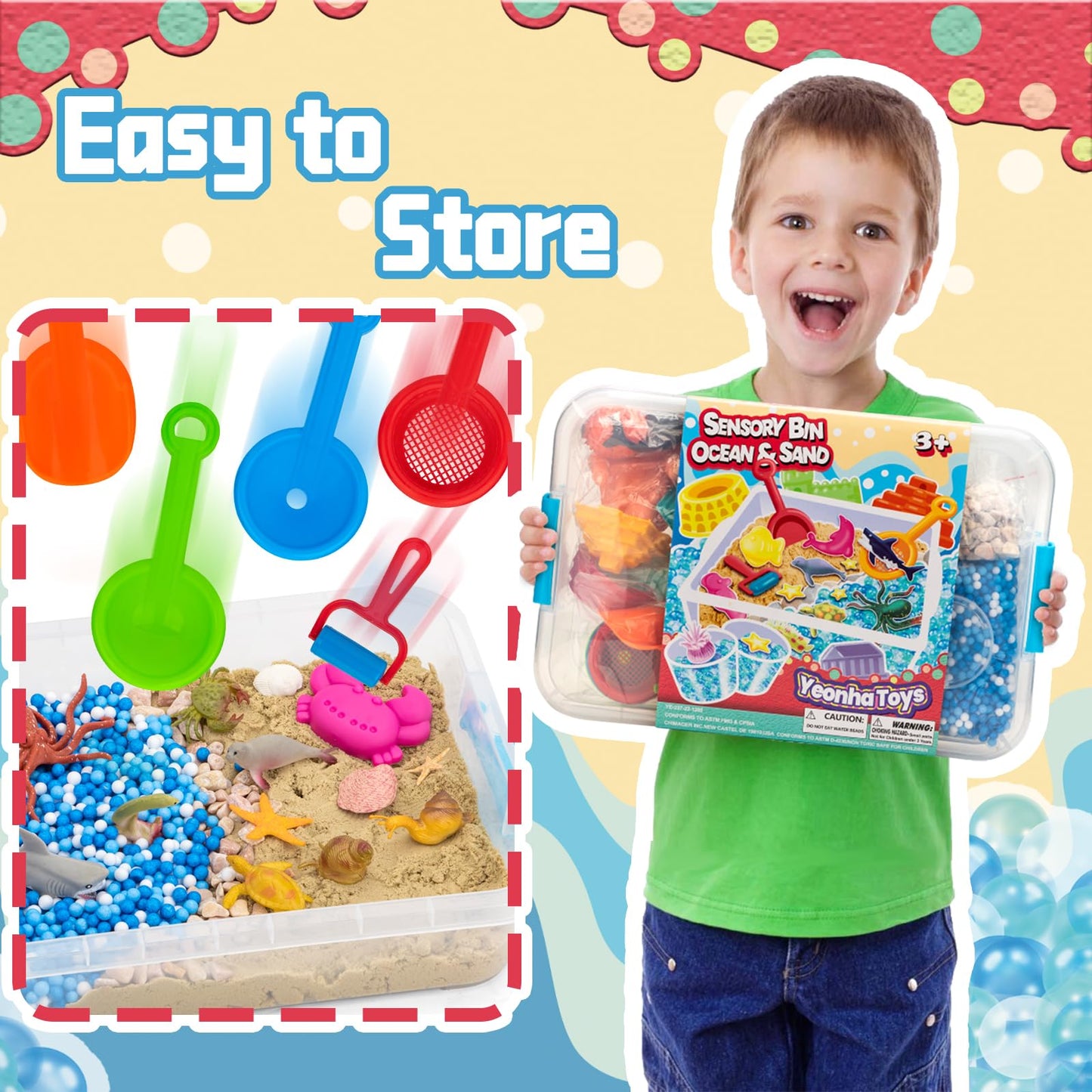 Ocean&Sand Sensory Bin with Lid, 42 Pcs Sensory Sand Kit with Sea Animals for Kids, Birthday Christmas Gifts for Boys Girls, Preschool Learning Activities Tools Box, Outdoor Sandbox Toys for Toddlers