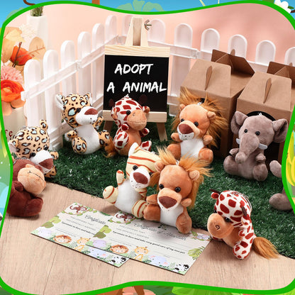 Blueweenly 84 Pcs Adopt a Pet Party Supplies 24 Mini Animals 10 White Plastic Fence 24 Paper Gift Boxes 24 Adoption Cards with Mini Chalkboard and Artificial Lawn(Safari Animals)