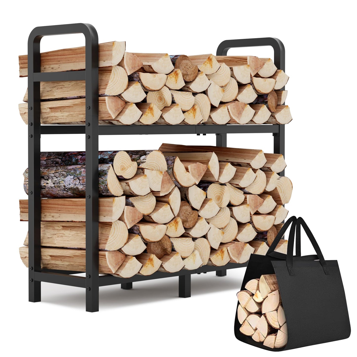 HXJLJY 2-Tier Large Firewood Rack Outdoor Indoor with Log Carrier Bag, 30" Stable Log Holder Rustproof Metal Wood Rack for Fireplace Patio Deck Firepit, Heavy Duty Firewood Storage Organizer Tool