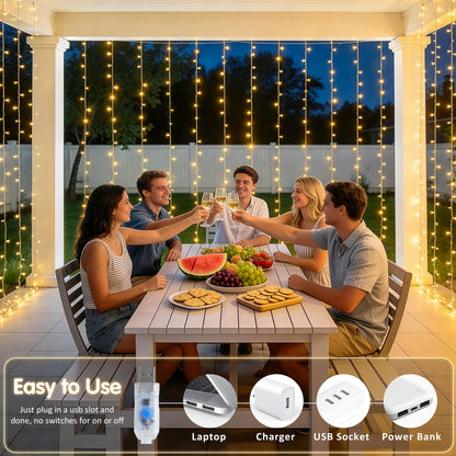 JMEXSUSS 200 LED Curtain Lights for Bedroom, Warm White Curtain Fairy Lights for Backdrop Indoor, USB Hanging String Lights with Remote for Wall Backdrop Wedding Party Decor, 6.5ftx6.5ft
