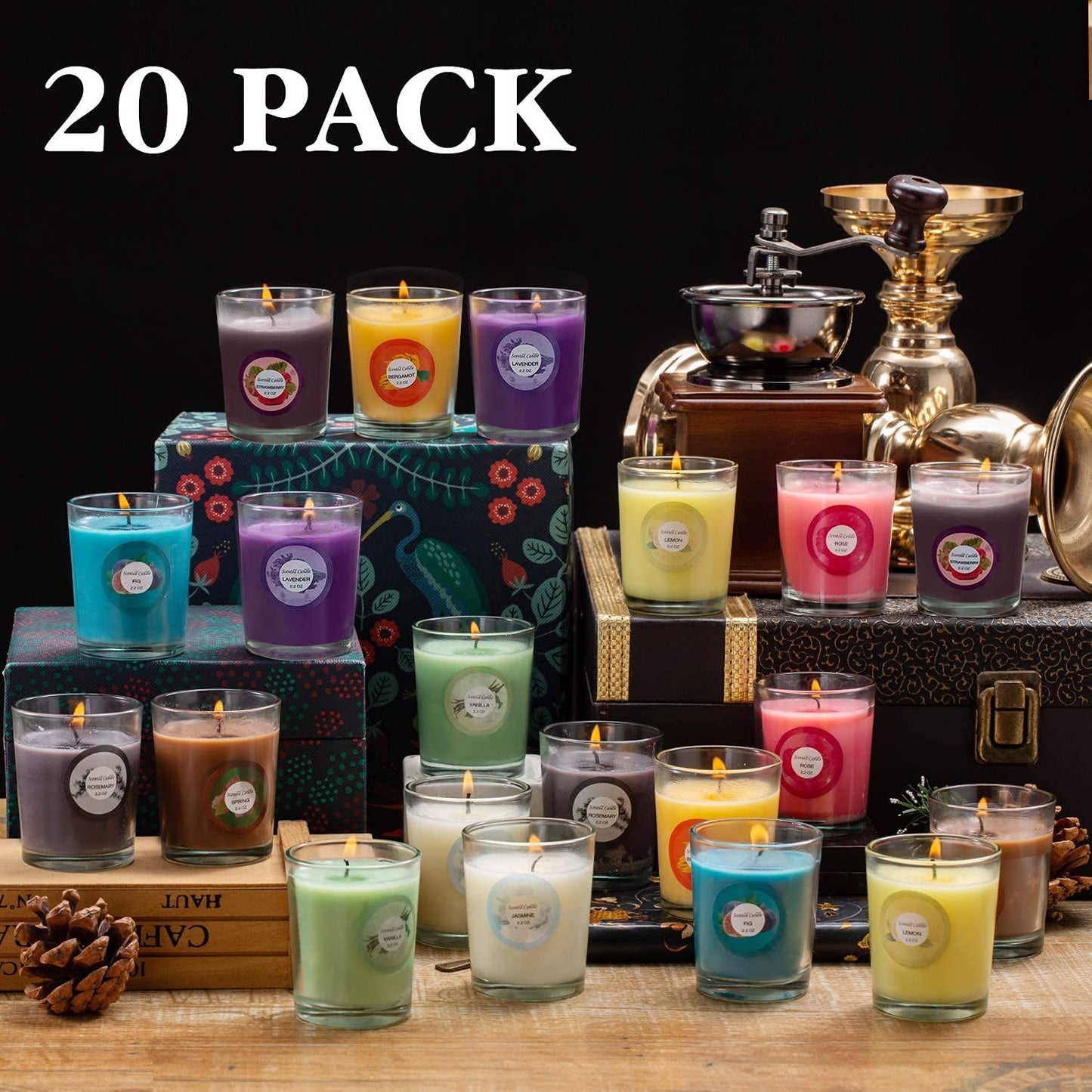 YOROXRG Scented Candles, Jasmine, Rose, Vanilla, Bergamot, fig, Lavender, Lemon, Spring,Strawberry, Rosemary, Aromatherapy Candles,Soy Wax Glass Jar Candle - 20 Pack