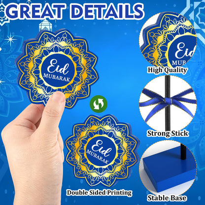 3 PCS Ramadan Table Decorations Wooden Eid Mubarak Signs Rustic Islamic Ramadan Tiered Tray Decor for Muslim Party Home Kitchen Decor (Blue.Classic)