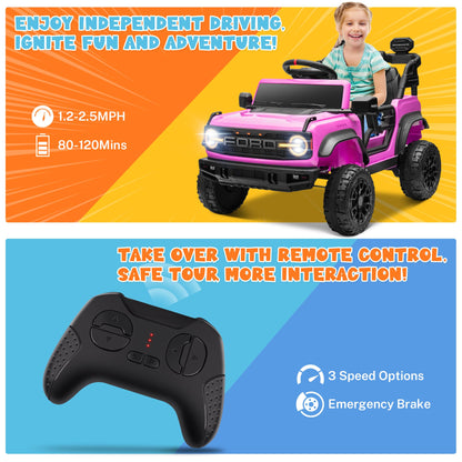 ENYOPRO 12V Licensed Ford Bronco Raptor Ride on Toys, Kids Electric Car w/Parental Remote Control, Spring Suspension, Soft Start, Bluetooth, LED Lights, Gift for Girls & Boys Ages 3-6 (Pink)