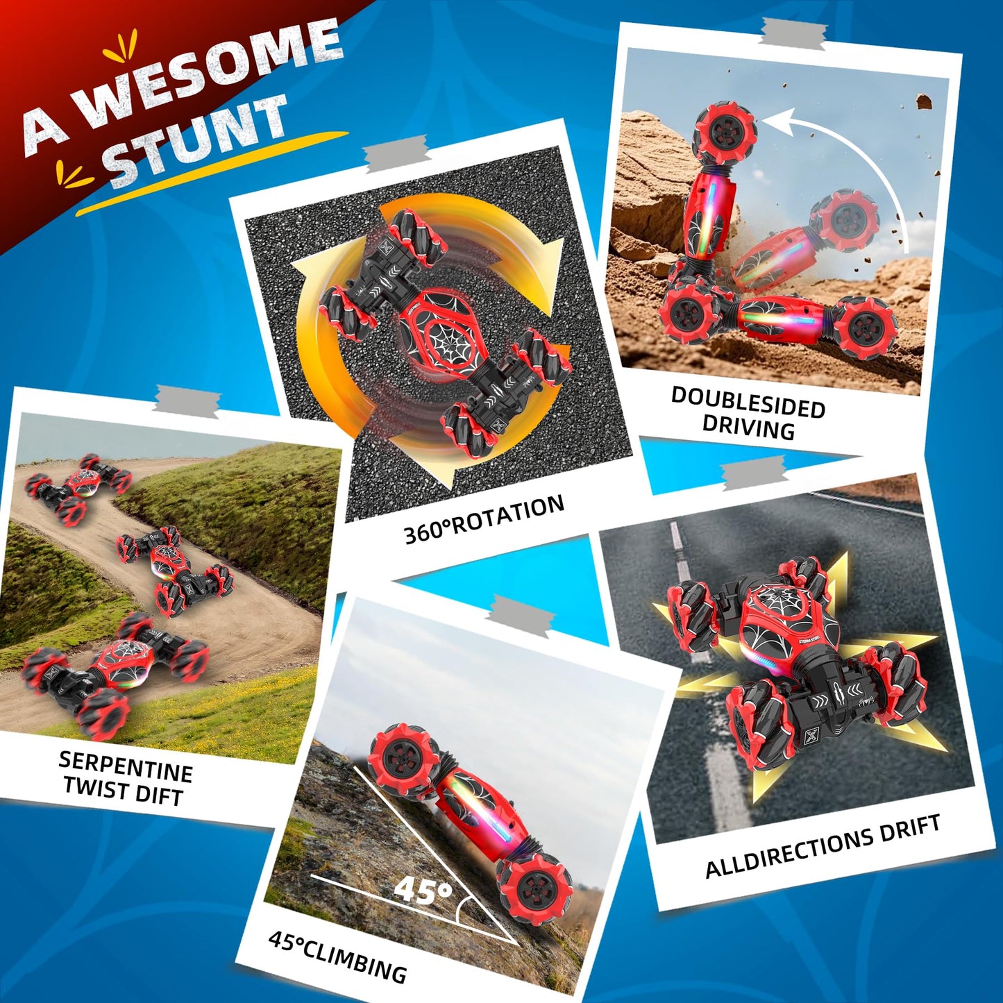 XUERENTECH Spider RC Cars Toys with Body Tires Lights, 2.4GHz Gesture Hand Control Car One-Button Deformation, Fast 360°Rotation Toys Birthday Gifts for 7 8 9 10 Year Old Boys Age 6-12