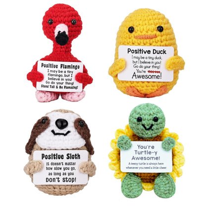 Ella & Emma 4PCS Cute Crochet Animal Dolls with Positive Cards, Easter Basket Stuffers for Teens, Handmade Emotional Support Gifts for Friends, Women & Men, Funny Desk Decor for Easter Birthday