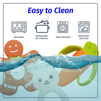 WANABUY - Silicone Pacifier teether Toys for Babies 0-6 and 6-12 Months – Package of 4 Baby teethers - Pain Relief – Infants and Toddlers. Safer Than Plastic - Soft and Flexible - Easier to Clean