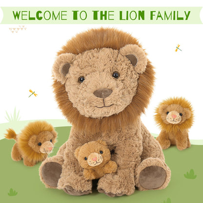 Karister Lion Plush Toy, 17.7" Mother Lion Stuffed Animal with 3 Cute Baby Lions, 4Pcs Wild Animal Stuffed Toy for Kids Boys Girls, Safari Animal Plushies Gift for Christmas Birthday, Brown