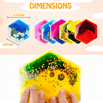 Onyoloy Sensory Soft Gel Liquid Toys - Hexagon Sensory Motion Fidget for Autism Kids, Stress Relief & Focus, Home School Therapy Travel Toys (6 Pack)