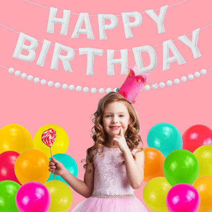 2 PCS Pre-Strung 3D Felt Happy Birthday Banner - White Theme Birthday Decorations Sign, Pom Pom Garland, Reusable Party Decor, Photo Prop（White）