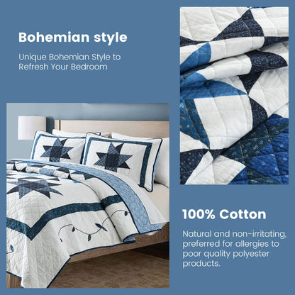 Secgo Handmade Quilted 100% Cotton King Comforter Set for Bed - 100% Cotton Quilts King Size, Black Bedspreads (96 * 108 Inch) with 2 Pillow Shams, Patchwork Reversible Lightweight Bedding