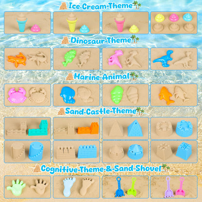 REZUCREY Beach Toys for Kids Toddlers, Sand Castle Toys with 4 Sand Bucket and Shovels, Mesh Bag & Molds, Ice Cream Travel Sandbox for Beach Sandbox for Toddlers Kids Baby Boys Girls Age 3-10