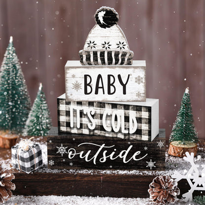 Marsui 4 Pcs Winter Wooden Tabletop Decor Wooden Hat Block Sign Rustic Tiered Tray Decor Baby Its Cold Outside Table Centerpiece Cozy Neutral Winter Decoration for Home Office Desk Shelf