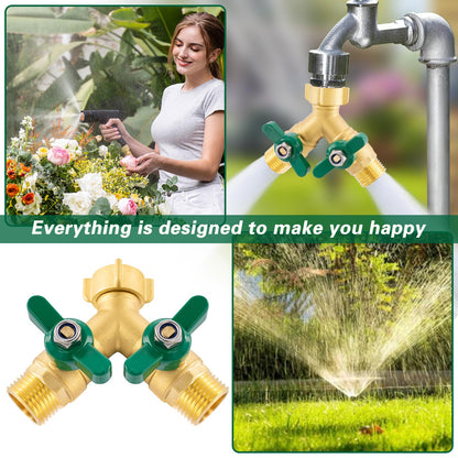 Cekwiet Heavy Duty Garden Hose Splitter 2 Way, Brass Full Flow Y Hose Splitter with Thickened Easy-Turn Handle, 3/4" GHT Outdoor Faucet Connector with Shut-Off Valves