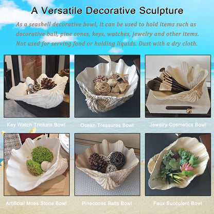 Afadorable Resin Seashell Decorative Bowl Large Clam Shell Storage Bowl for Coffee Table Centerpiece Home Kitchen Entryway Table Decor Beach Themed Wedding Party Decoration (Silver-Pearl White)