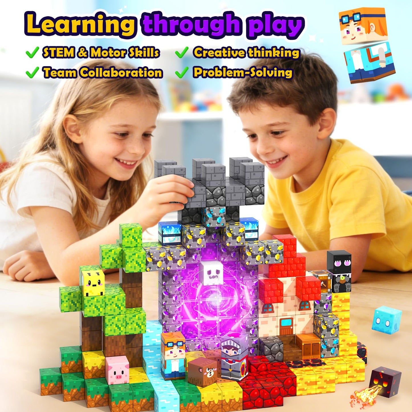 Soyee Magnetic Blocks 200 PCS - Magnetic Building Cubes Toys Build Mine Magworld Craft Cubes Portal Theme STEM Toys for Kids Ages 3-5 4-8 8-12 Birthday Gifts Boys Toys Ages 6-8