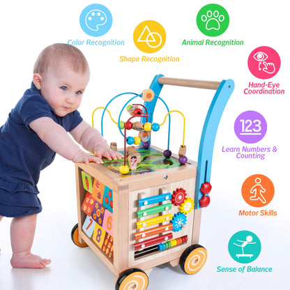 Wooden Baby Walker | Baby Push Walker with 9-in-1 Activity Cube, Sit to Stand Learning Walker Toy with Wheels for Boys Girls, Montessori Activity Center Walker, Adjustable Speed & Height