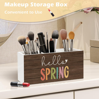 ANIANG Hello Spring Decor Pen Holder Organizer, Spring Seasonal Desk Decor, Rustic Farmhouse Wooden Pen Pencil Holders for Home Room Office Garden Desk Accessories