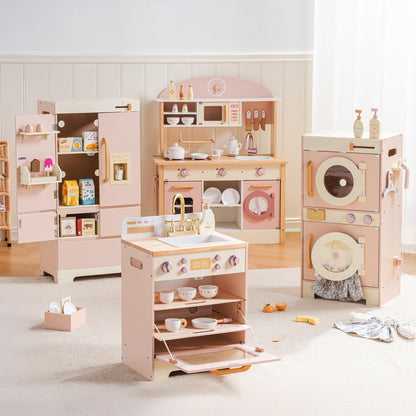 ROBOTIME Wooden Kids Play Kitchen – 4-in-1 Toddler Play Kitchen Set with Fridge, Washer & Dishwasher – Wooden Corner Cooking Playset for Boys & Girls Ages 3+