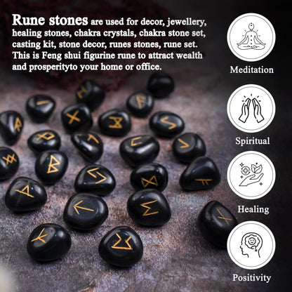 Crocon Black Tourmaline Gemstone Elder Futhark Alphabet Engraved Symbol Rune Stone 25 pcs Set for Feng Shui Chakra Balancing Reiki Healing Spiritual Metaphysical Size: 2025 mm
