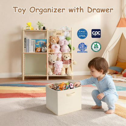 LAMU Stuffed Animal Storage and Kids Bookshelf, Wooden Toy Organizer with Large Toy Box Chest, Kids Bin Shelf Toys Box Bookcase, Stuffed Animal Zoo Holder for Bedroom Playroom Nursery