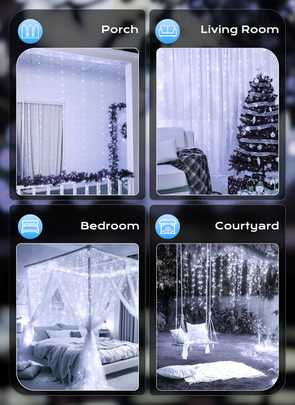 Brightown 300 LED Fairy Curtain Lights, 9.8ft x 9.8ft String Lights, USB Plug in 8 Lighting Modes Christmas String Hanging Lights with Remote for Bedroom Indoor Outdoor Party Xmas White 1 Pack