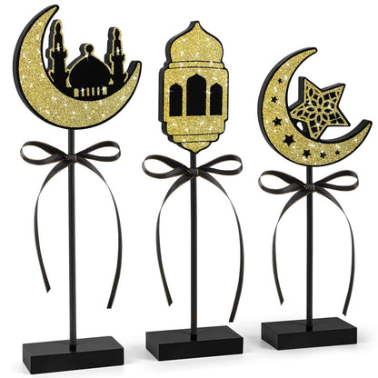 3 Pieces Ramadan Decorations Eid Mubarak Table Decor Wooden Set, Islamic Ramadan Tiered Tray Decor for Muslim Party Tabletop Decor Home (Shiny)