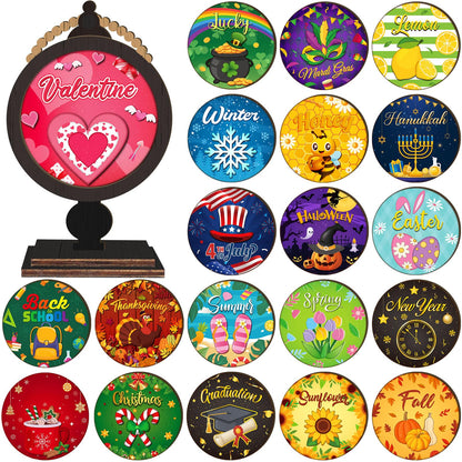 RattanView 21 Pcs Wooden Seasonal Decor Interchangeable Holiday Signs for Tiered Tray Farmhouse Table Centerpiece Mantel Desk All Year Decor for Winter Fall Valentine Home Decoration Gifts