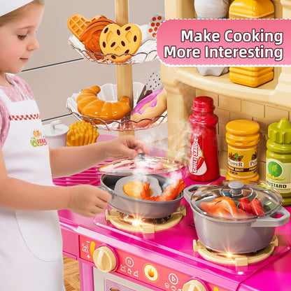 MSKOLER Play Kitchen Playset, Girls Kitchen Toys for Ages 2-6 4-8 with Light, Sound and Spraying, Sink Toy Accessories, Cooking Stoves, Pretend Food for Toddlers 1-3 3-5