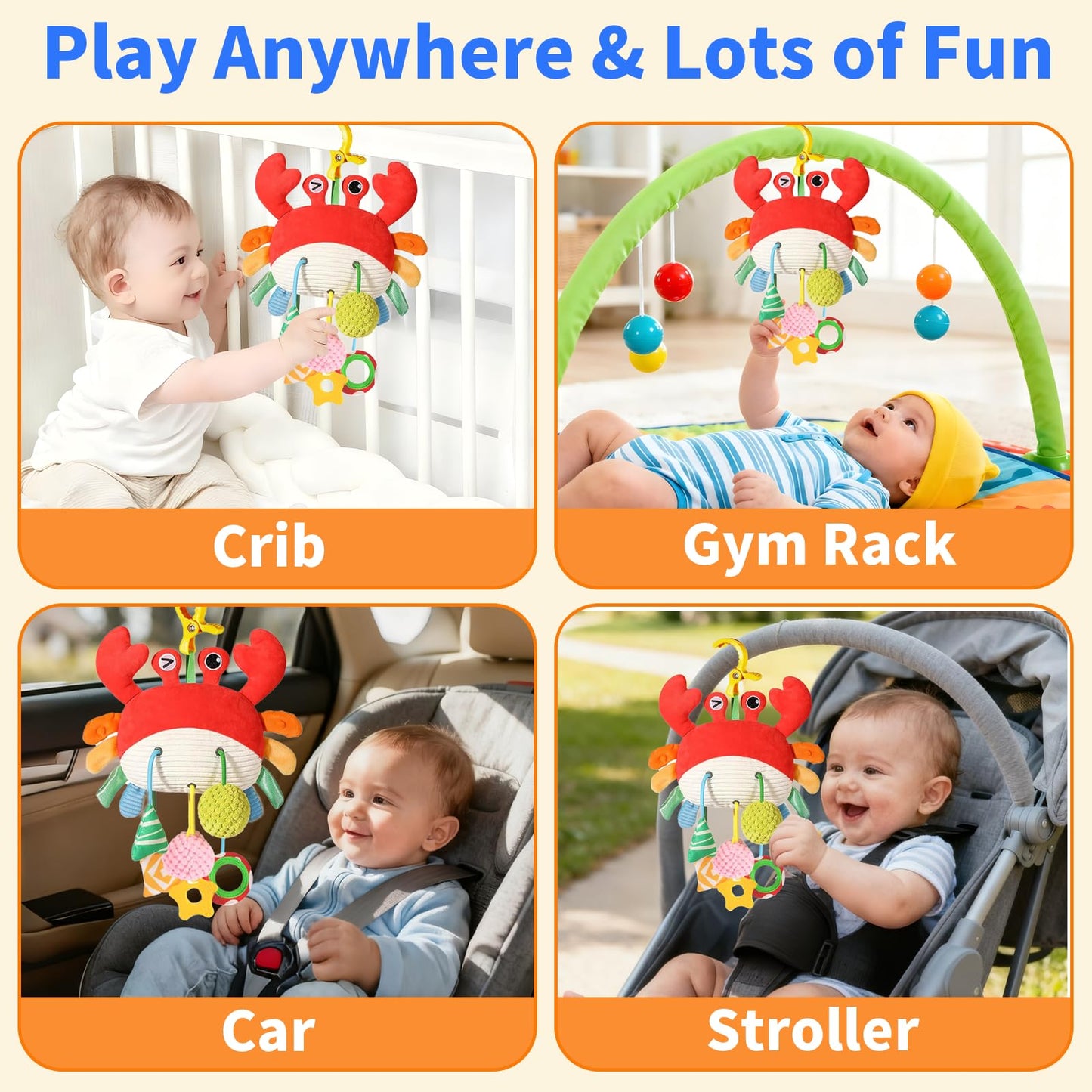 Ivrmtal Car Seat Toys for Babies, Crab Baby Toys 0-6 Months Infant Carseat Hanging Stroller Accessories Sensory Newborn Easter Gift 1 2 3 4 5 6 Month Old Boy Essentials Stuff with Clip, Rattle, Mirror