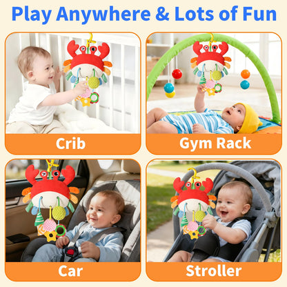 Ivrmtal Car Seat Toys for Babies, Crab Baby Toys 0-6 Months Infant Carseat Hanging Stroller Accessories Sensory Newborn Easter Gift 1 2 3 4 5 6 Month Old Boy Essentials Stuff with Clip, Rattle, Mirror