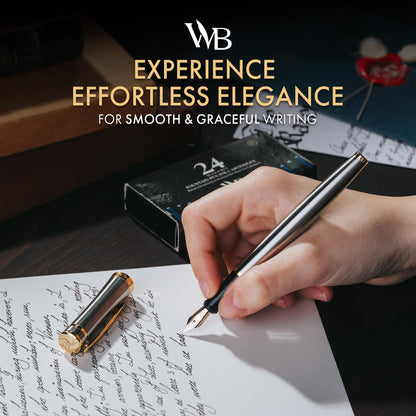 Wordsworth & Black Fountain Pen Set, Medium Nib, Includes 24 Ink Cartridges and Ink Refill Converter, Gift Case, Journaling, Calligraphy, Smooth Writing Pens [Silver Gold], Perfect for Men and Women