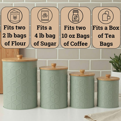 Kitchen Canisters for Countertop Set of 4 - Textured Iron Kitchen Canisters with Airtight Lids - Flour Sugar Canister Set - Flour and Sugar Containers Farmhouse - Coffee Jar for Counter - Sage Jar x4