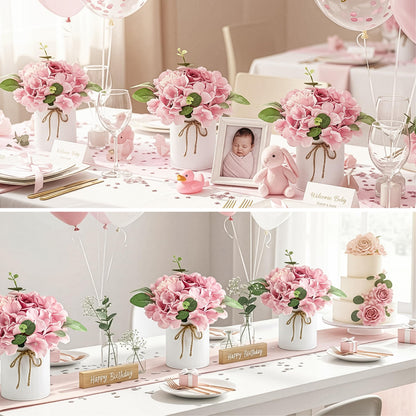 Auihiay 10PCS Flower Table Centerpieces, Hydrangea Artificial Flowers with Vase, Faux Silk Hydrangea Flowers Arrangement for Spring Wedding Table Centerpiece Floral Vase Home Office Decor (Pink)