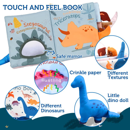 Richgv Baby Books Toys 0-6-12 Months, Baby Boy Gifts Touch and Feel Crinkle Books with Dino Doll, Newborn Infant Carseat Toys 6-9-12 Months Shower Gifts Easter Basket Stuffers