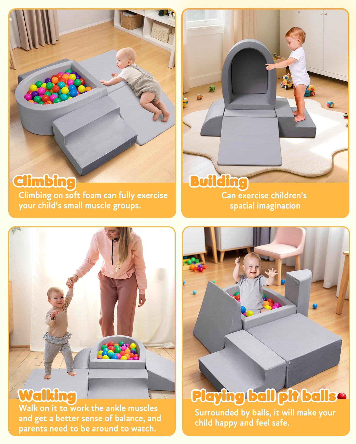 Auksay Baby Climbing Blocks, Soft Play Set for Crawling Baby 6-12 Months, Anti-Slip Particles Bottom & Velcro Connectors, High-Density Foam Gym with Soft Fabric Cover (Balls not Included)(Grey)