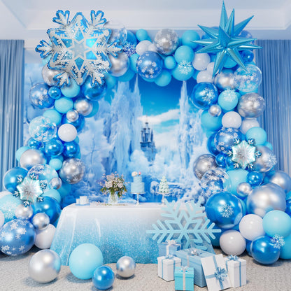 Frozen Balloon Arch Garland Kit，142 Pcs Snowflake Balloon Arch with Silver Blue Snowflake Balloons for Winter Wonderland Theme Baby Shower Snow Princess Birthday Party Decorations