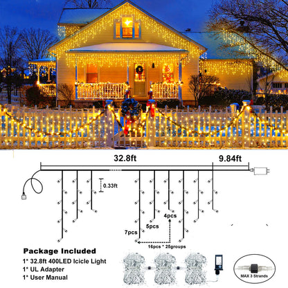 XmasBokeh Icicle Lights for Outside - 33FT 400 LED Icicle Christmas Lights Outdoor with 75 Drops, Plug in Connectable Curtain String Light for Indoor House Patio Roof Holiday Decor, Warm White