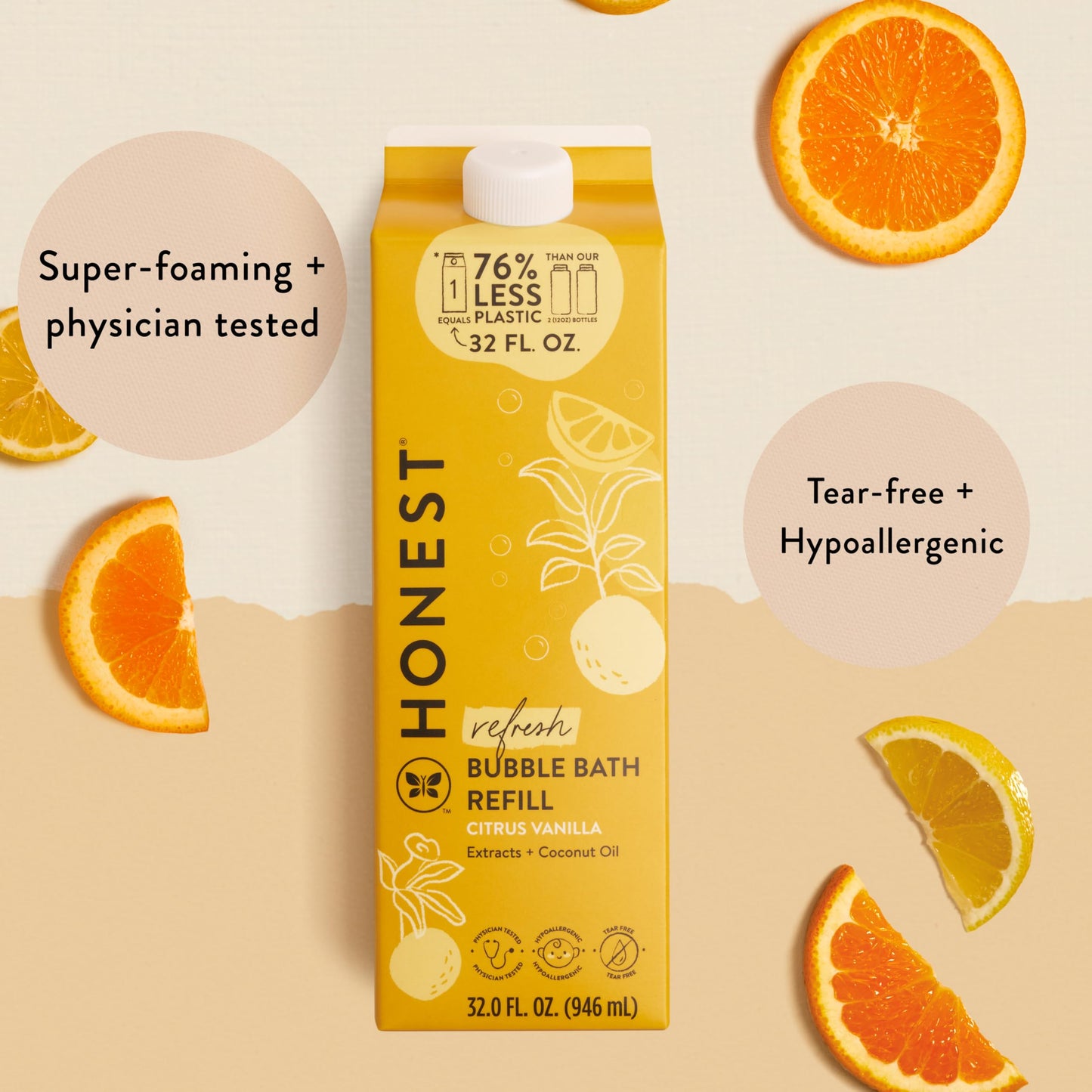 The Honest Company Foaming Bubble Bath Refill Carton, Gentle for Baby, Naturally Derived, Tear-Free, Hypoallergenic, Citrus Vanilla Refresh, 32 fl oz
