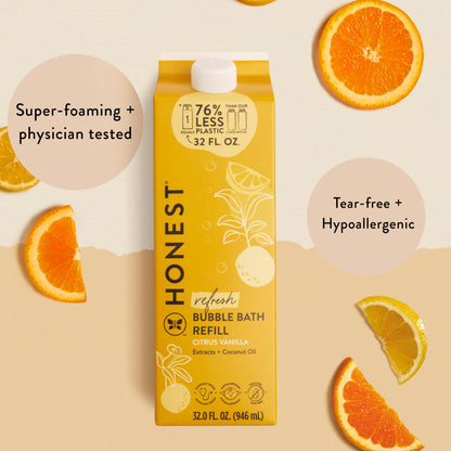 The Honest Company Foaming Bubble Bath Refill Carton, Gentle for Baby, Naturally Derived, Tear-Free, Hypoallergenic, Citrus Vanilla Refresh, 32 fl oz