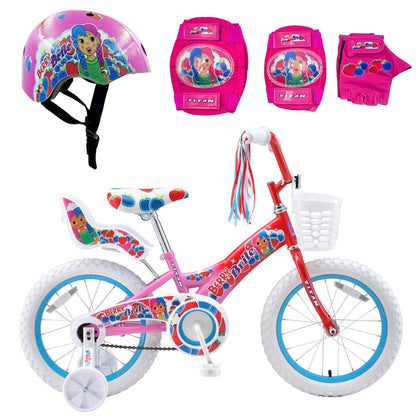Titan Girls BMX Bike for Kids Ages 4-7, 16-Inch Wheels, 9-Inch Frame, Training Wheels, Toy Seat, Doll Basket, Streamers, First Bike, Princess Bicycle, Gift for Girls (Berry Brite Multicolor Bundle)
