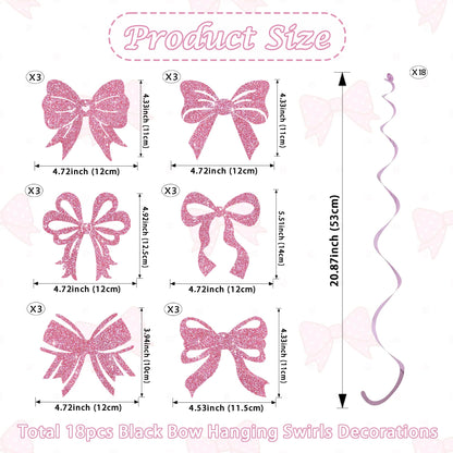 BEISHIDA Pink Bow Party Hanging Swirls Decorations, 18PCS Glitter Bow Party Decorations for Birthday Wedding Baby Shower Bachelorette Supplies