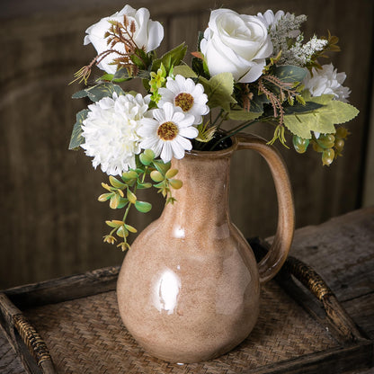 Tanvecle Brown Ceramic Vase with Big Handles, Modern Farmhouse Decor, Rustic Pottery for Flowers, Decorative Terracotta Centerpiece for Dining Table
