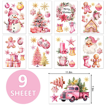 JarThenaAMCS Christmas Wall Stickers Xmas Tree Snowman Santa Wall Decals Large Pink Gold Room Mural Stickers for Winter Home Party Decor, 7.9 x 11.8 Inch, 9 Sheets