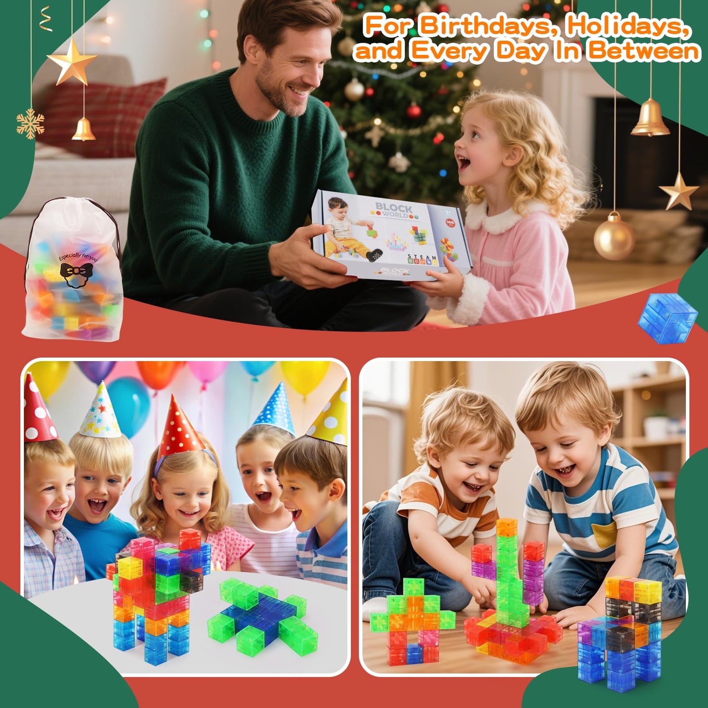 BananMelonBM 100 PCS Magnetic Blocks - Transparent Rainbow Magnetic Cubes Building Toys for Kids Ages 1-3 2-4 4-8, STEM Learning Preschool Educational Sensory Magnet Toys for Boys Girls