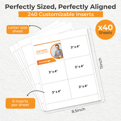 240 Customizable Name Badge Inserts 4x3 inch | White Printable Name Tag Inserts 3x4 inch | Compatible with Inkjet and Laser Printers with Easy Tear Paper