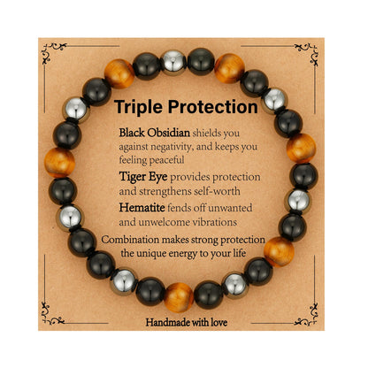Gnamy Triple Protection Beaded Bracelet Gifts for Men, Tiger Eye Black Obsidian Hematite Bracelets Birthday Valentines Day Anniversary Healing Sobriety Jewelry Gifts for Him Husband Dad Boyfriend Brother