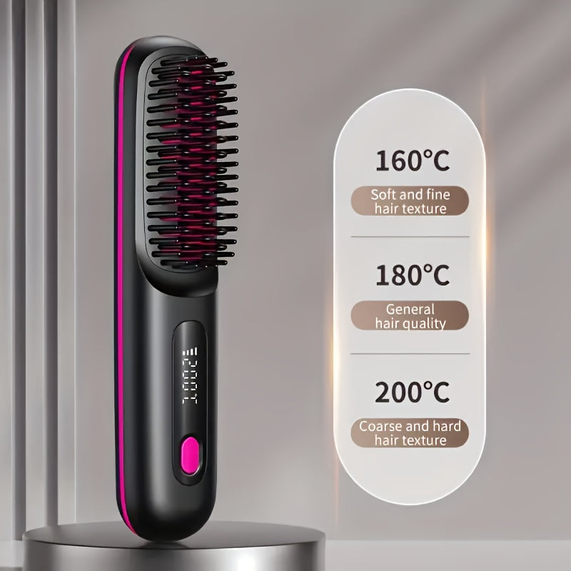 Portable Wireless Hair Straightener Comb | USB Charging, 3-speed Temperature Control, Negative Ion Technology, Long-lasting Luster, LED Display, Lightweight, Perfect for Travel, Includes Comb and Clip.