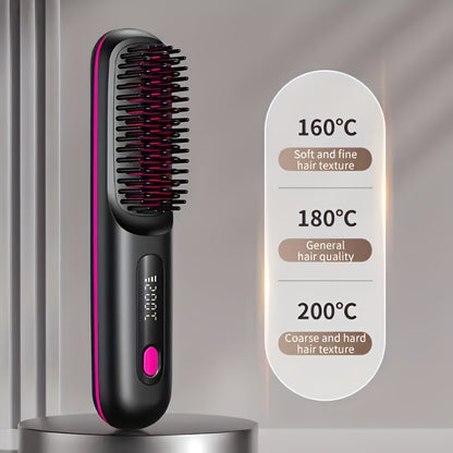 Portable Wireless Hair Straightener Comb | USB Charging, 3-speed Temperature Control, Negative Ion Technology, Long-lasting Luster, LED Display, Lightweight, Perfect for Travel, Includes Comb and Clip.